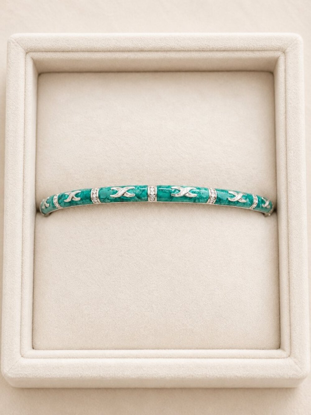 Lauren G Adams Turquoise & Diamonique Pearlized Silver Enamel Bangle Bracelet